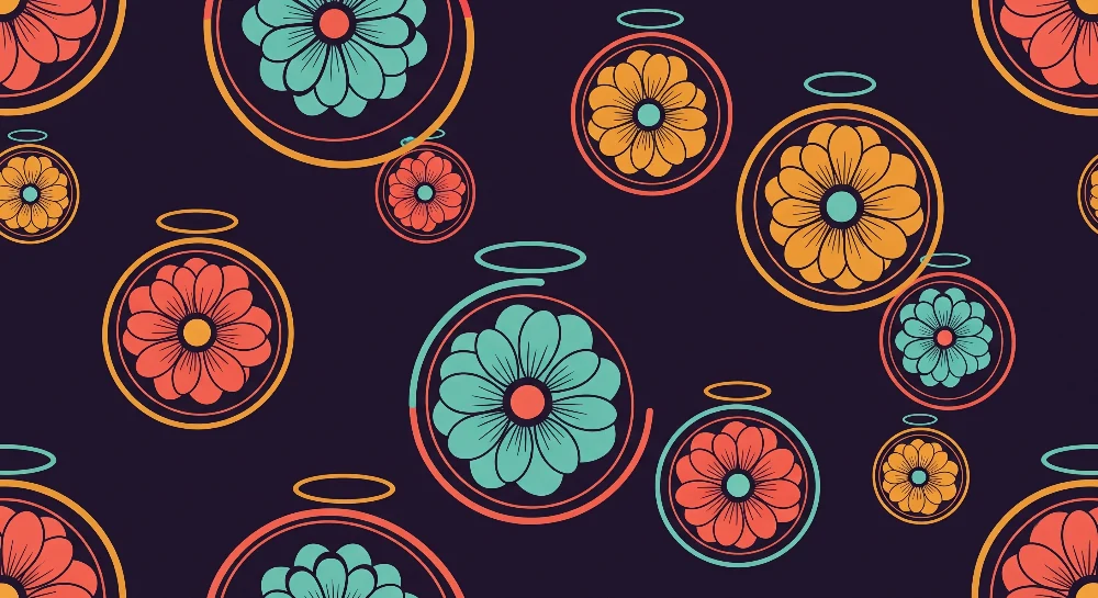 Papier peint chambre enfant | Fleurs colorées dans des cercles sur fond sombre