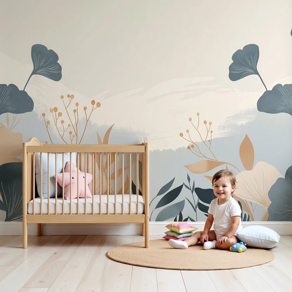 Papier peint chambre enfant | Fleurs délicates et motifs botaniques