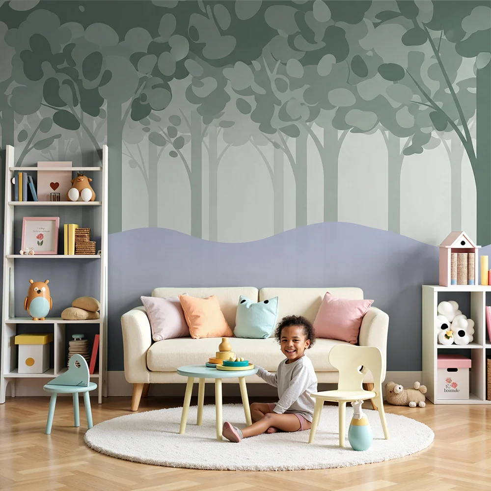 Papier peint chambre enfant | êt apaisante avec arbres délicats et brume légère
