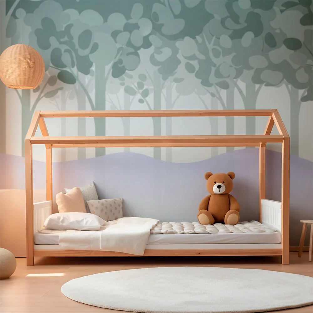 Papier peint chambre enfant | êt apaisante avec arbres délicats et brume légère