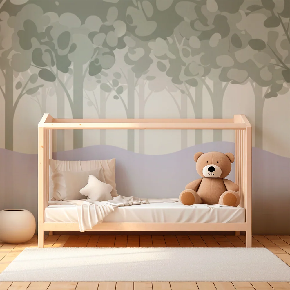 Papier peint chambre enfant | êt apaisante avec arbres délicats et brume légère