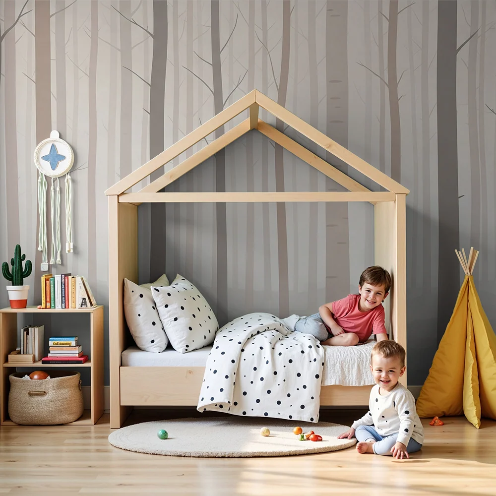 Papier peint chambre enfant | êt brumeuse avec des arbres délicats
