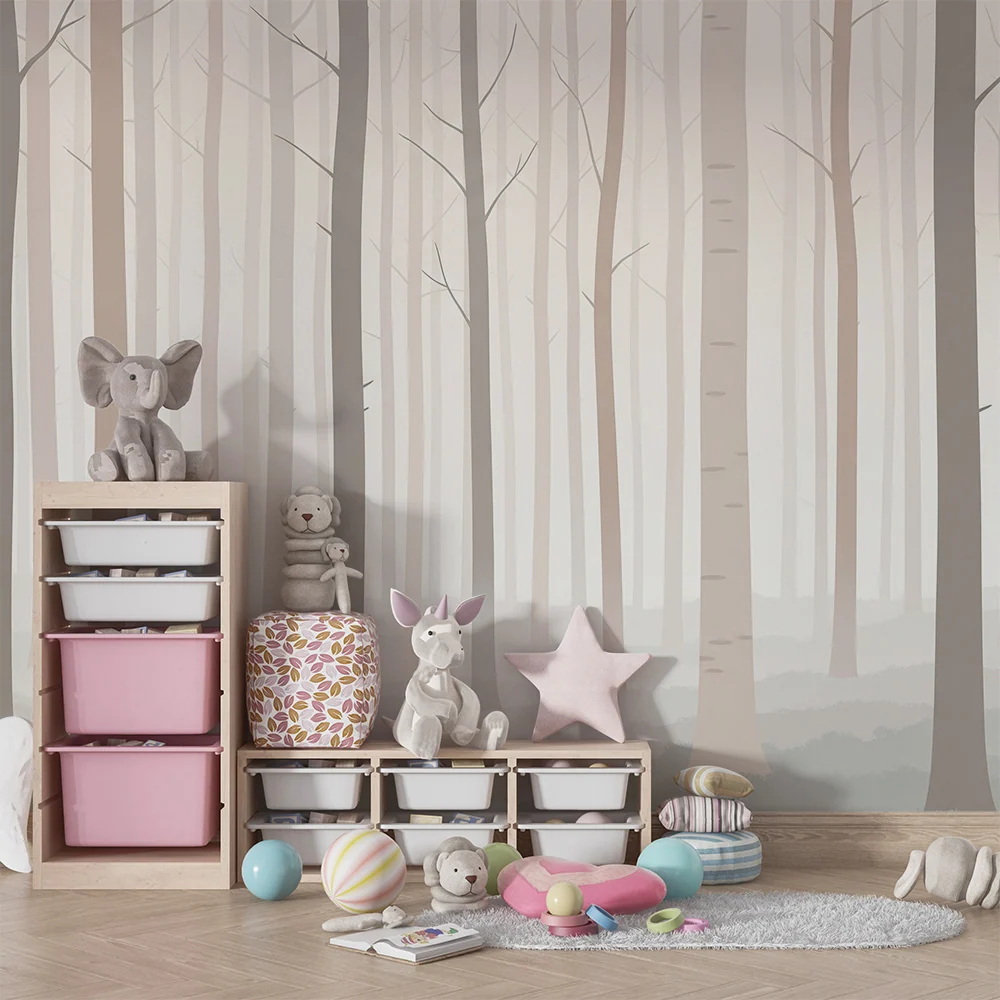 Papier peint chambre enfant | êt brumeuse avec des arbres délicats
