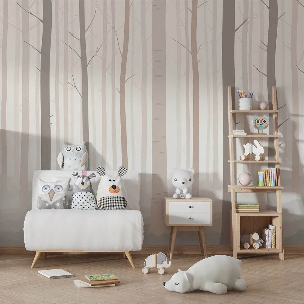 Papier peint chambre enfant | êt brumeuse avec des arbres délicats