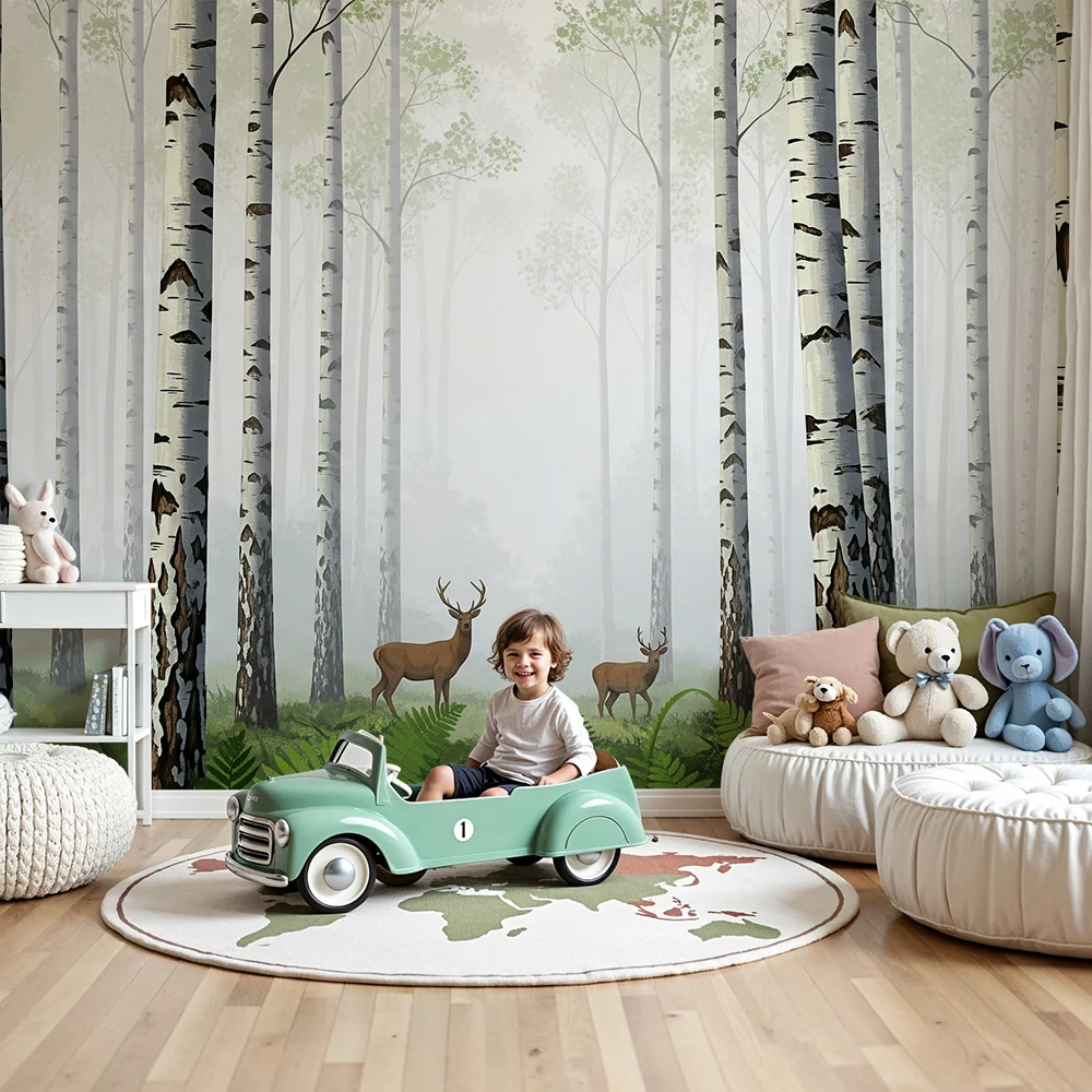 Papier peint chambre enfant | êt brumeuse avec cerfs et fougères