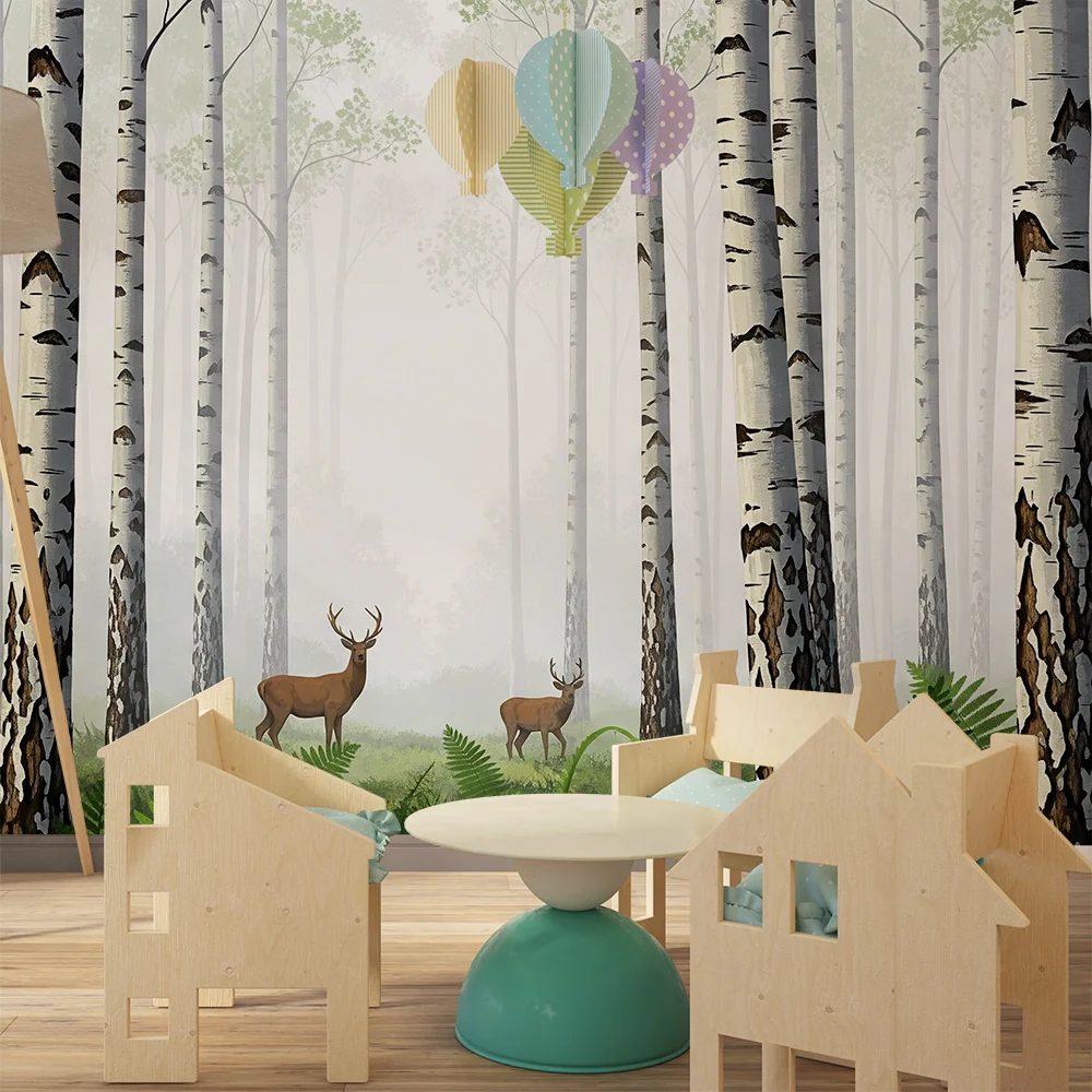 Papier peint chambre enfant | êt brumeuse avec cerfs et fougères