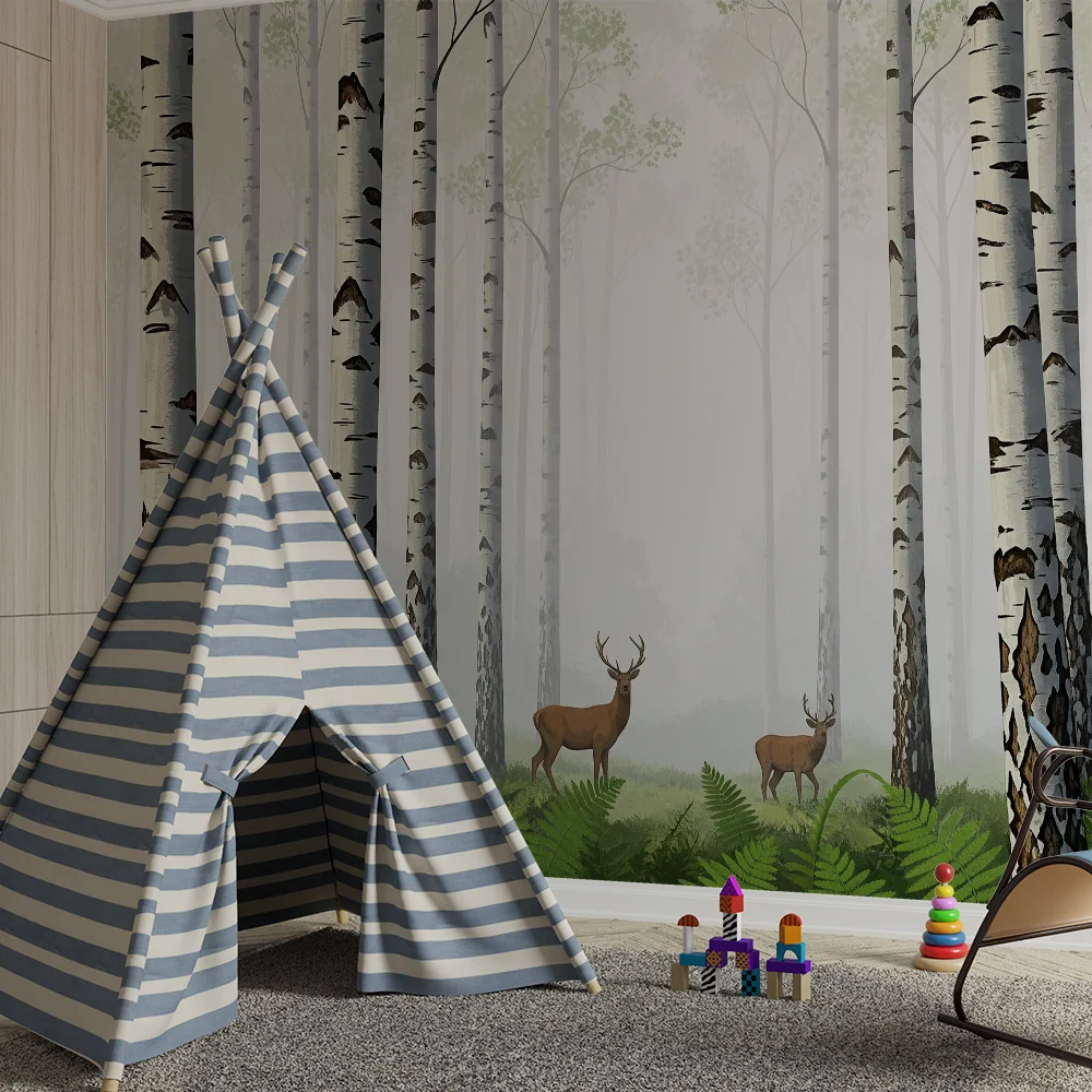 Papier peint chambre enfant | êt brumeuse avec cerfs et fougères