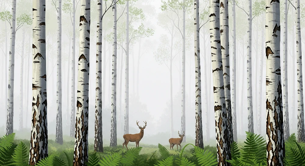 Papier peint chambre enfant | êt brumeuse avec cerfs et fougères