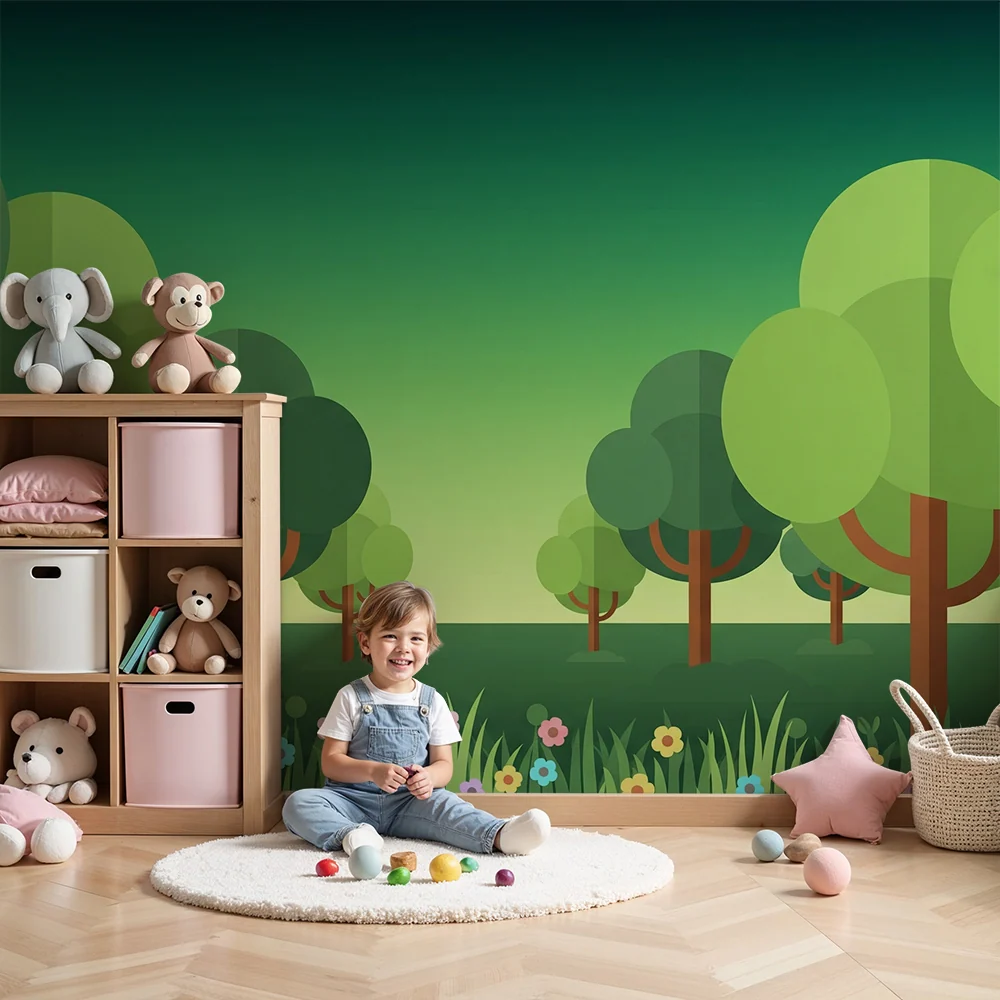 Papier peint chambre enfant | êt colorée avec arbres stylisés et fleurs