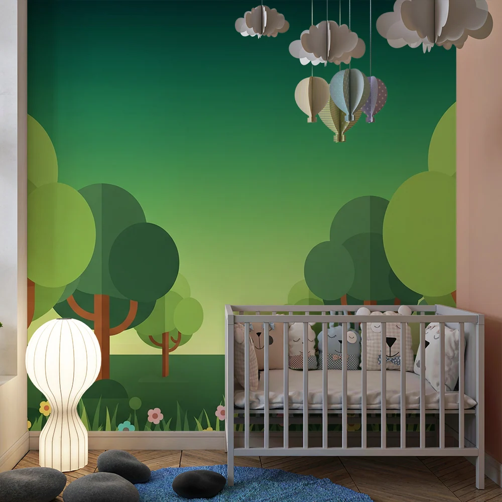 Papier peint chambre enfant | êt colorée avec arbres stylisés et fleurs