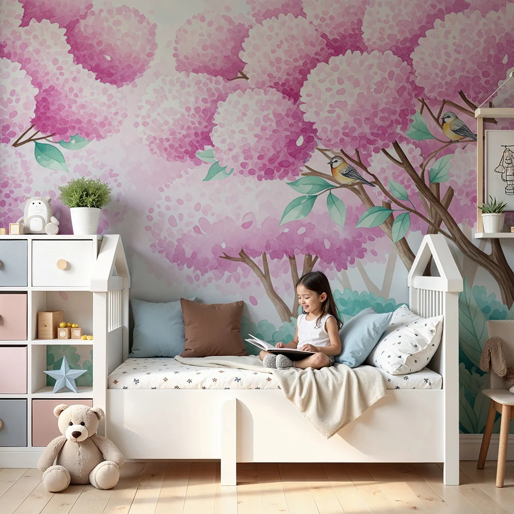 Papier peint chambre enfant | êt enchantée avec arbres roses et oiseaux colorés