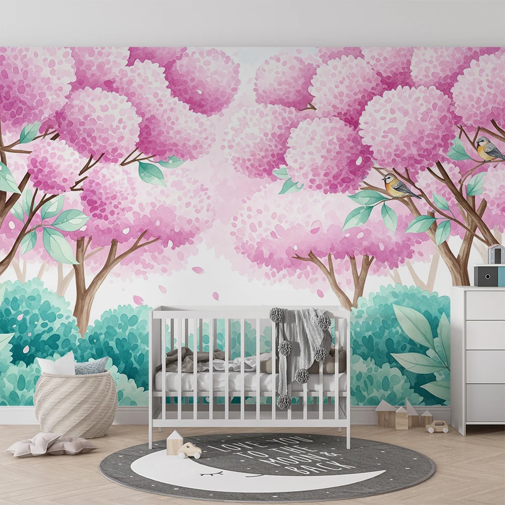 Papier peint chambre enfant | êt enchantée avec arbres roses et oiseaux colorés