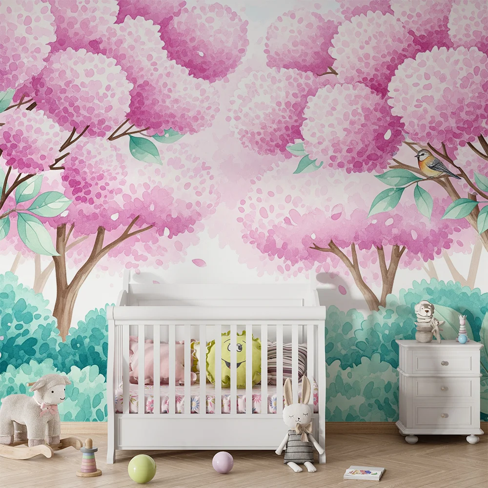 Papier peint chambre enfant | êt enchantée avec arbres roses et oiseaux colorés