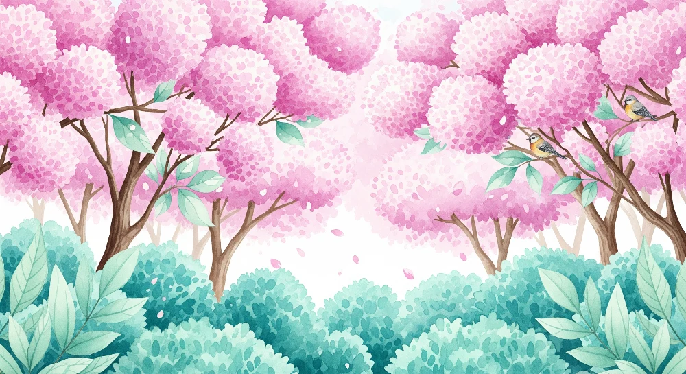 Papier peint chambre enfant | êt enchantée avec arbres roses et oiseaux colorés