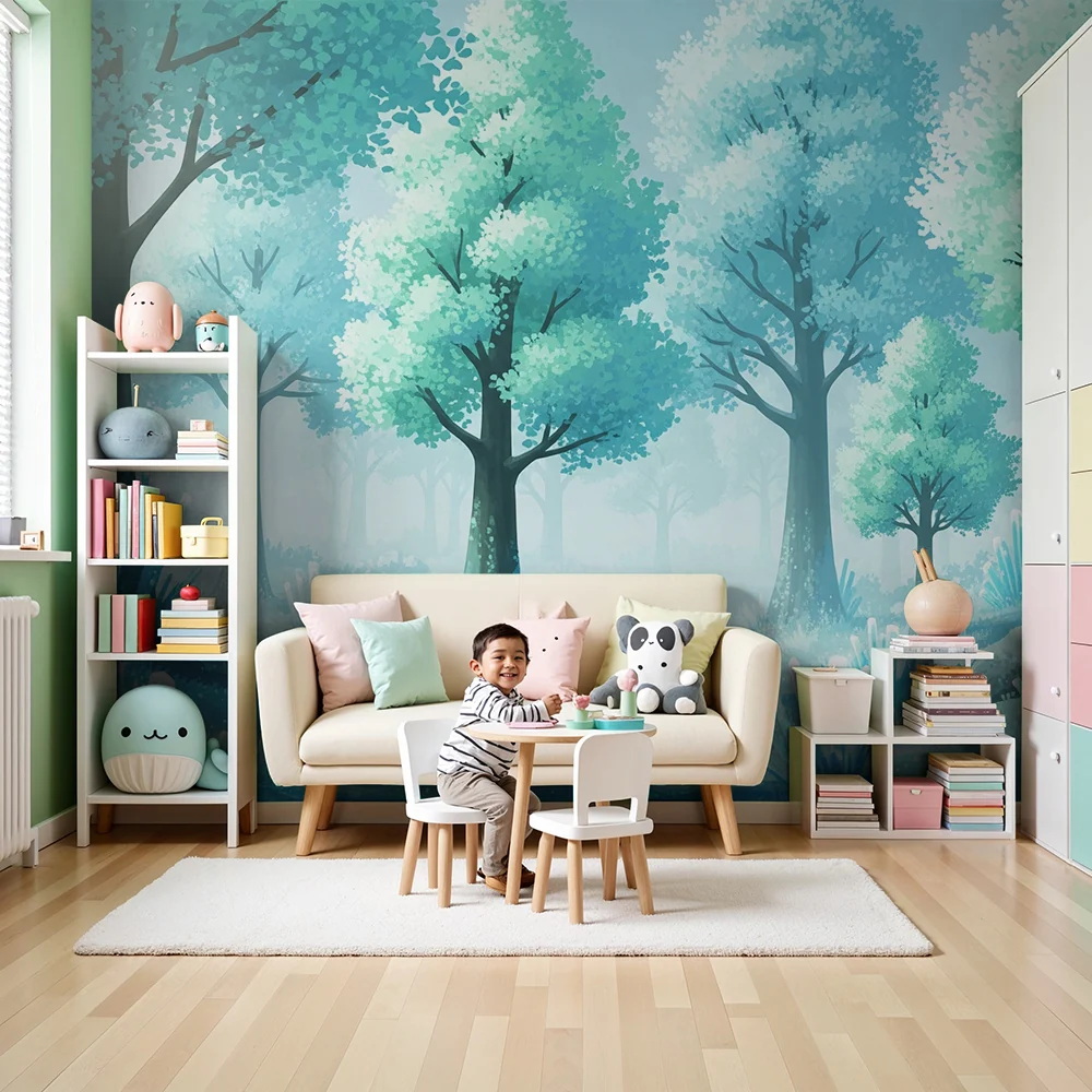 Papier peint chambre enfant | êt enchantée avec arbres et cristaux scintillants