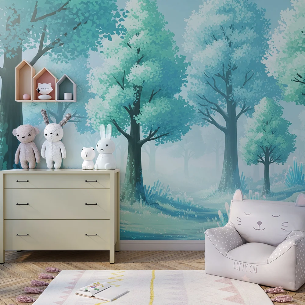 Papier peint chambre enfant | êt enchantée avec arbres et cristaux scintillants