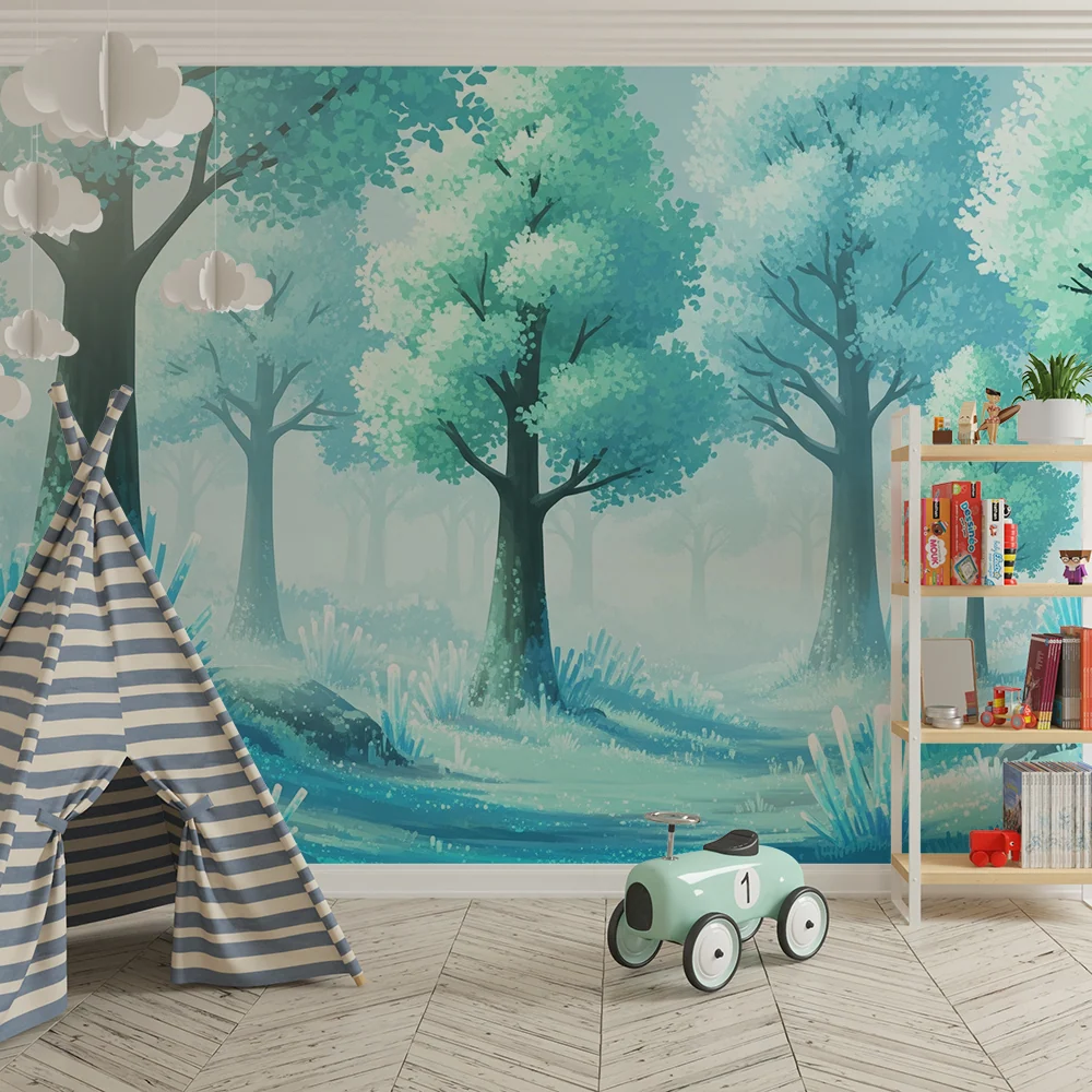 Papier peint chambre enfant | êt enchantée avec arbres et cristaux scintillants