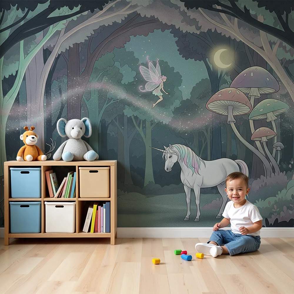 Papier peint chambre enfant | êt enchantée avec licorne et fée
