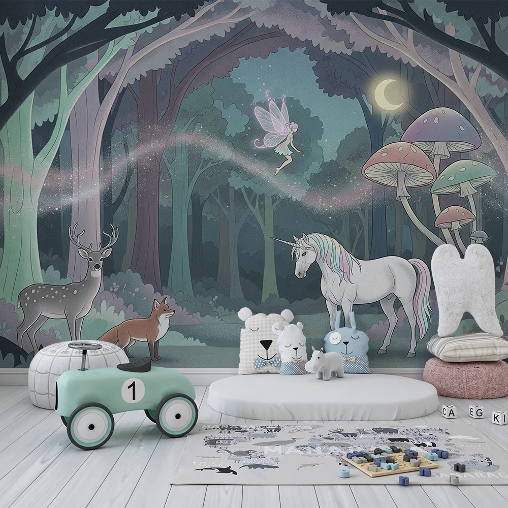 Papier peint chambre enfant | êt enchantée avec licorne et fée