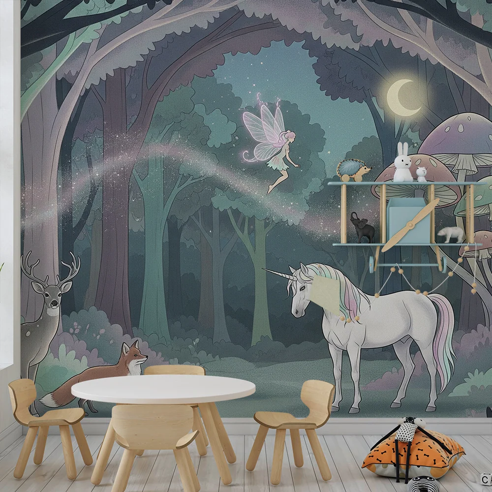 Papier peint chambre enfant | êt enchantée avec licorne et fée