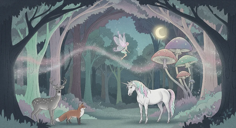 Papier peint chambre enfant | êt enchantée avec licorne et fée