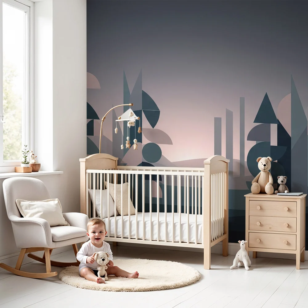 Papier peint chambre enfant | êt géométrique en nuances de bleu et rose