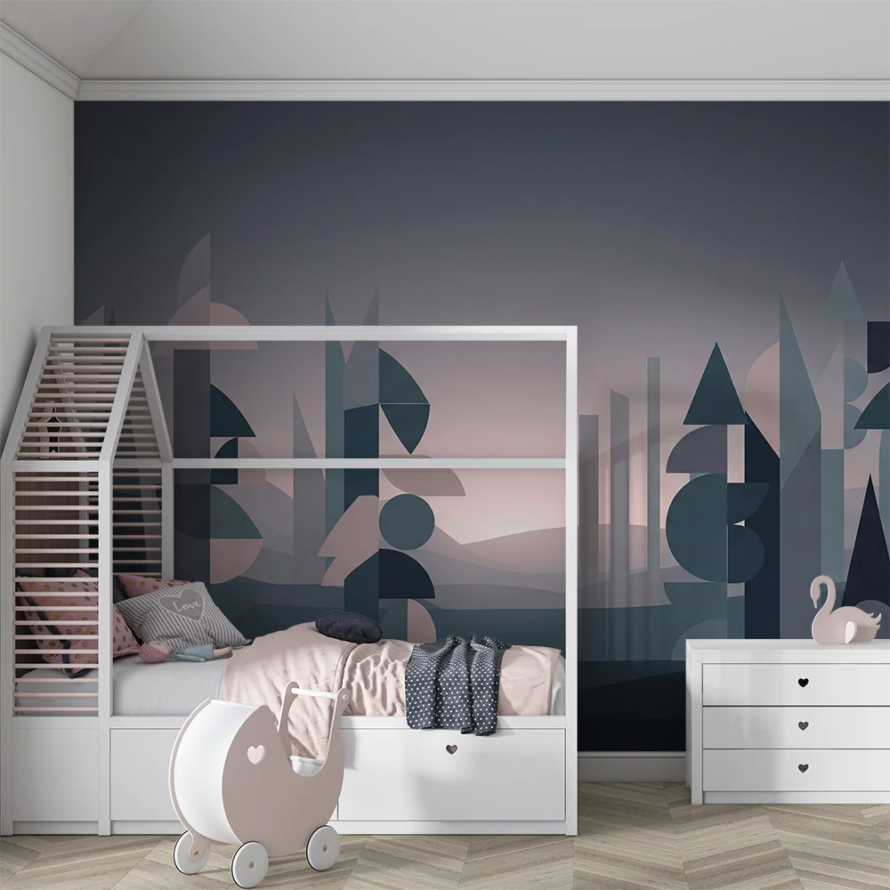 Papier peint chambre enfant | êt géométrique en nuances de bleu et rose
