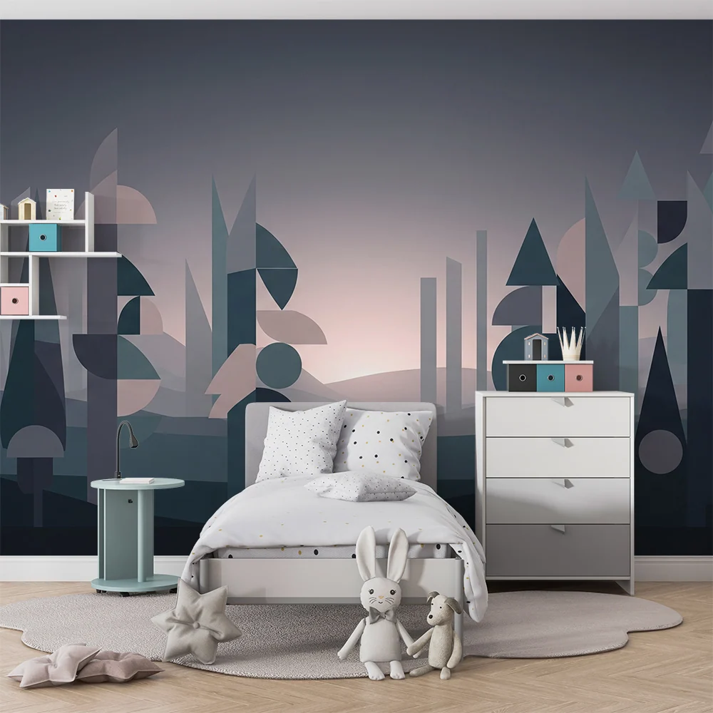 Papier peint chambre enfant | êt géométrique en nuances de bleu et rose