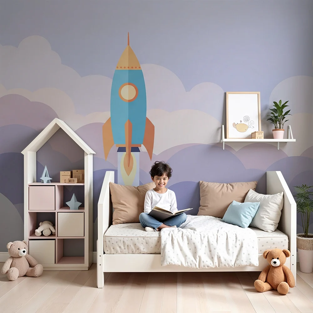 Papier peint chambre enfant | Fusée colorée s'élevant dans un ciel nuageux