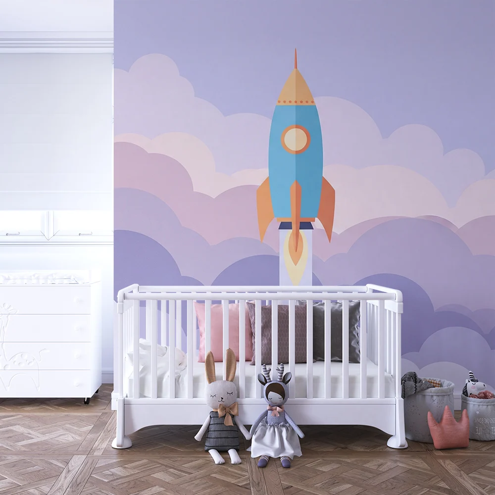 Papier peint chambre enfant | Fusée colorée s'élevant dans un ciel nuageux