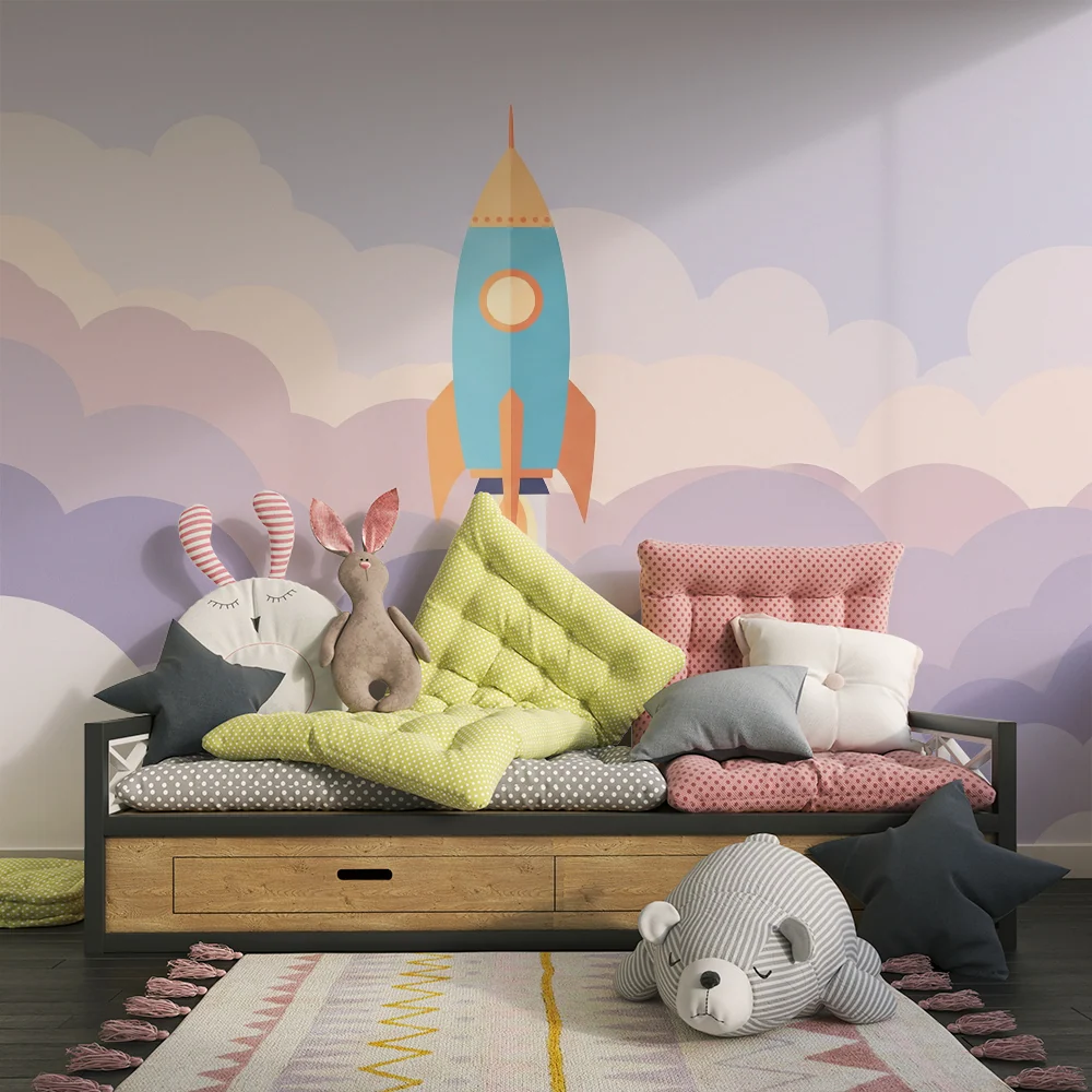 Papier peint chambre enfant | Fusée colorée s'élevant dans un ciel nuageux
