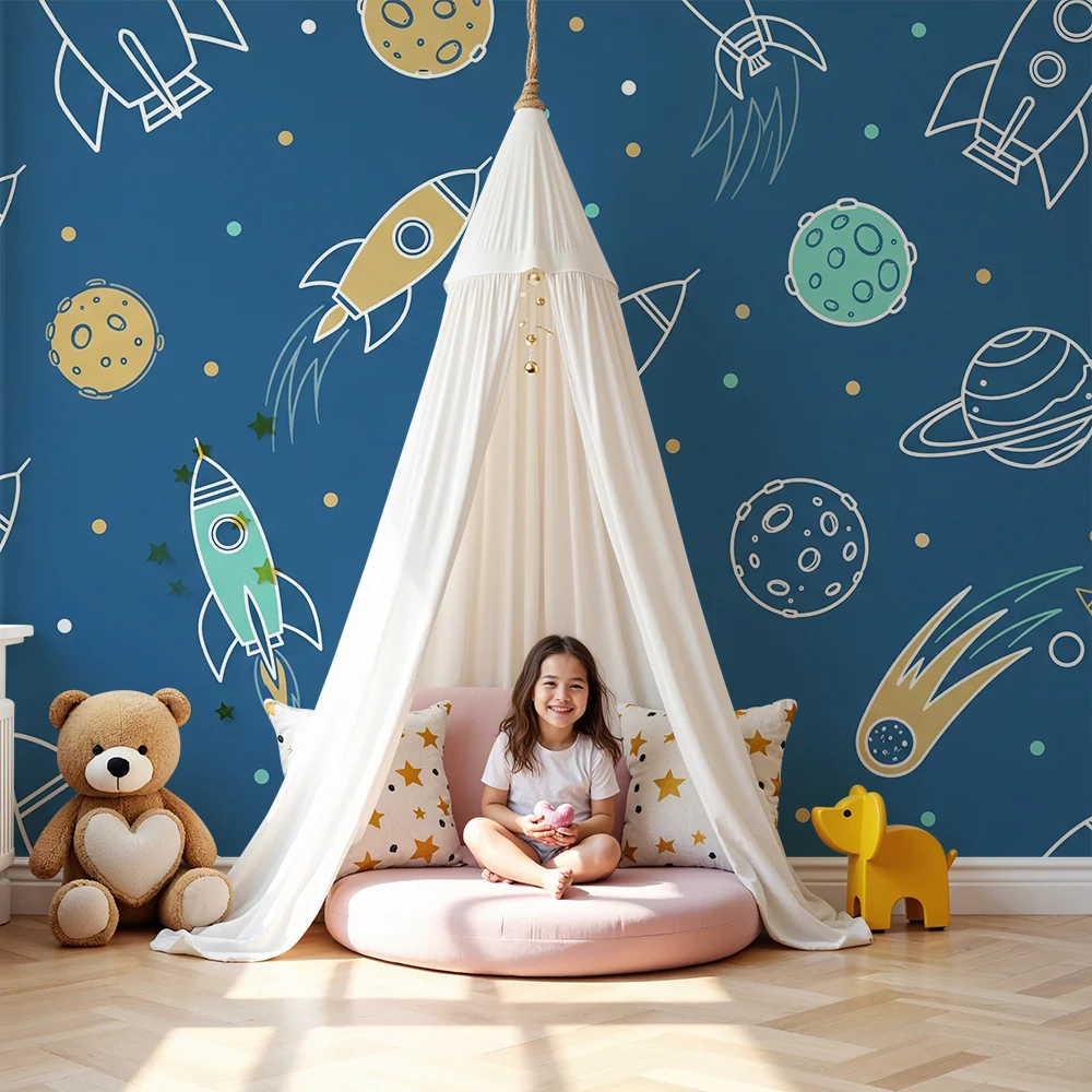 Papier peint chambre enfant | Fusées et planètes dans un ciel bleu