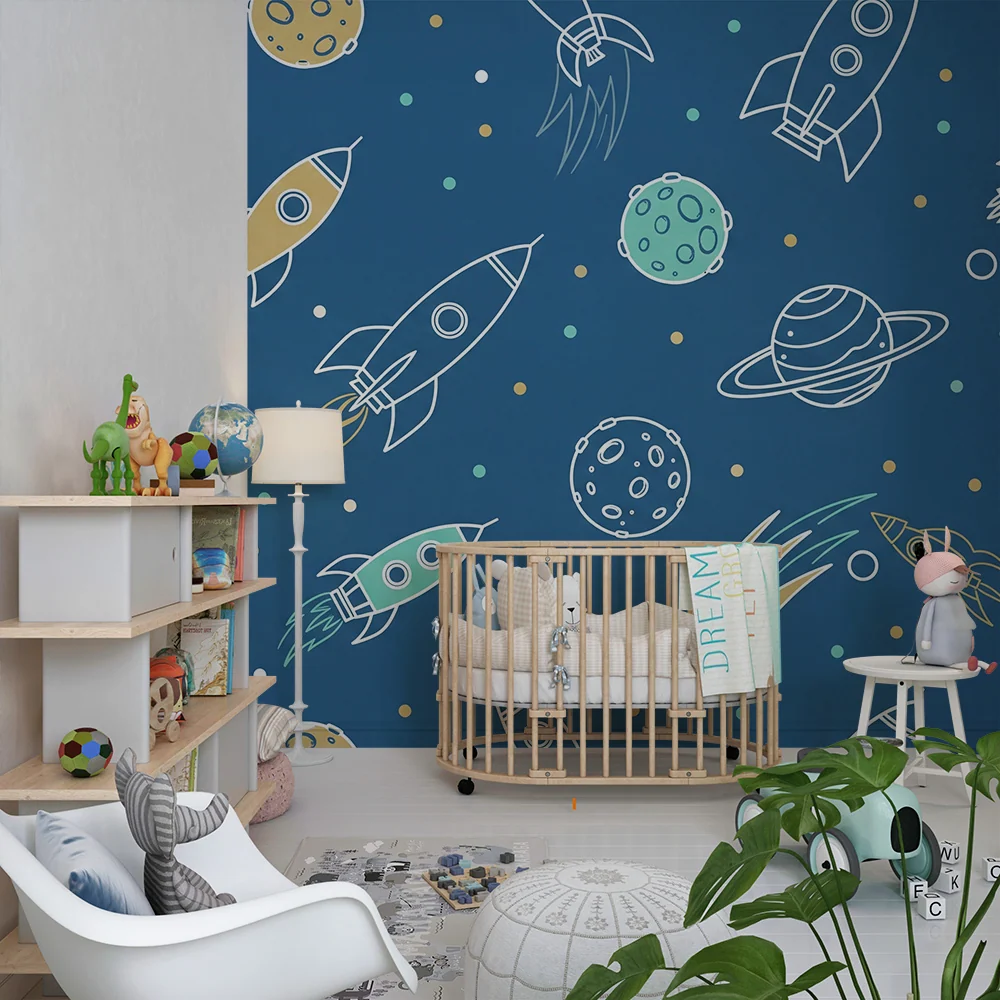 Papier peint chambre enfant | Fusées et planètes dans un ciel bleu