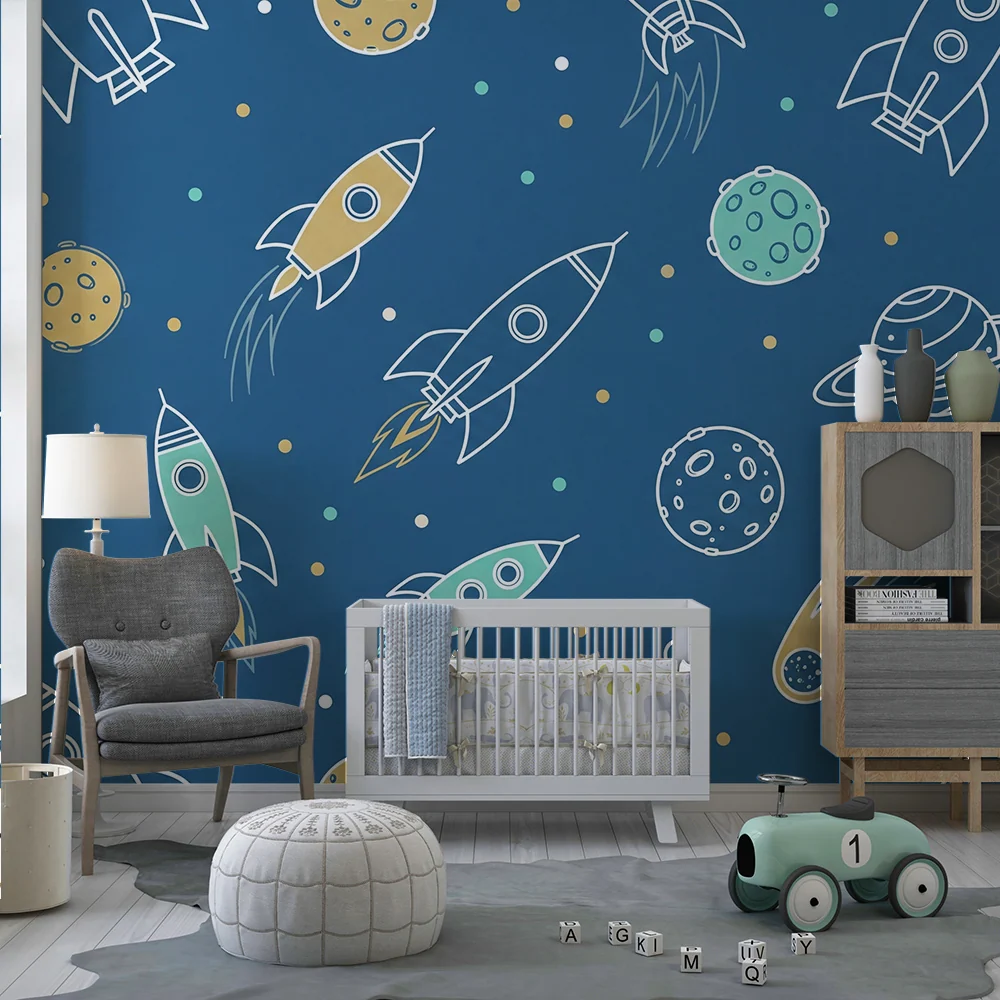Papier peint chambre enfant | Fusées et planètes dans un ciel bleu