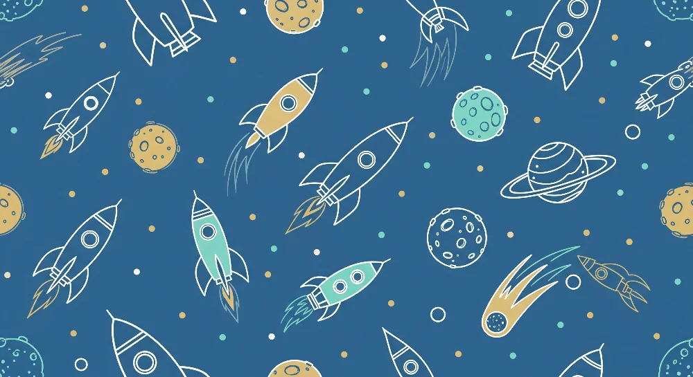 Papier peint chambre enfant | Fusées et planètes dans un ciel bleu