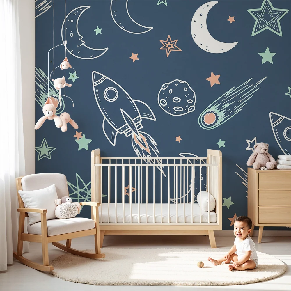Papier peint chambre enfant | Fusées et étoiles dans un ciel nocturne