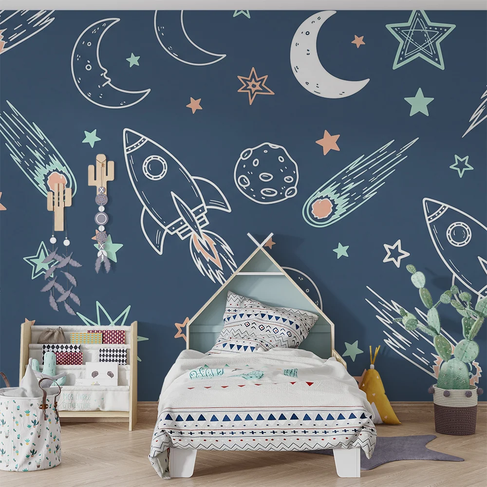 Papier peint chambre enfant | Fusées et étoiles dans un ciel nocturne