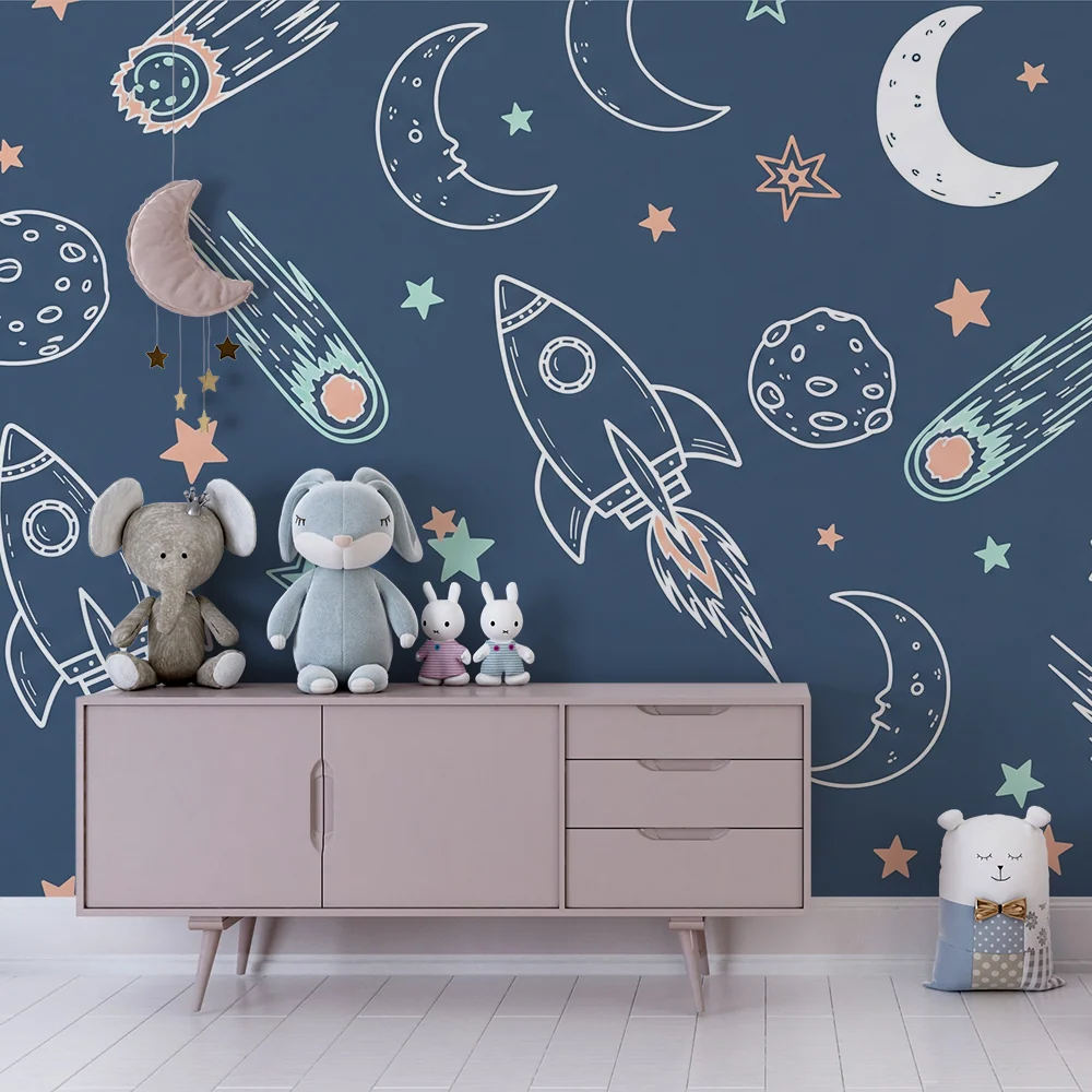 Papier peint chambre enfant | Fusées et étoiles dans un ciel nocturne