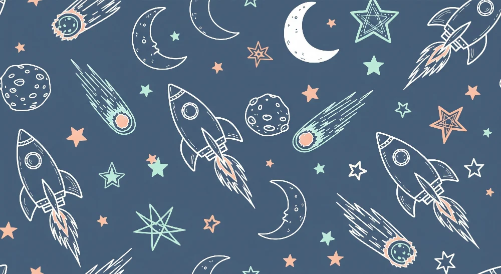 Papier peint chambre enfant | Fusées et étoiles dans un ciel nocturne