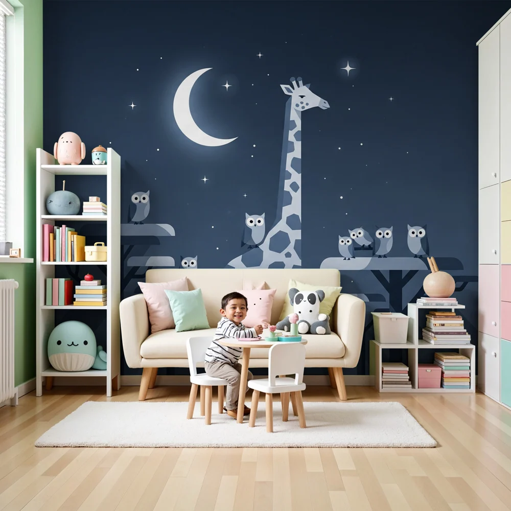 Papier peint chambre enfant | Girafe et hiboux sous la lune