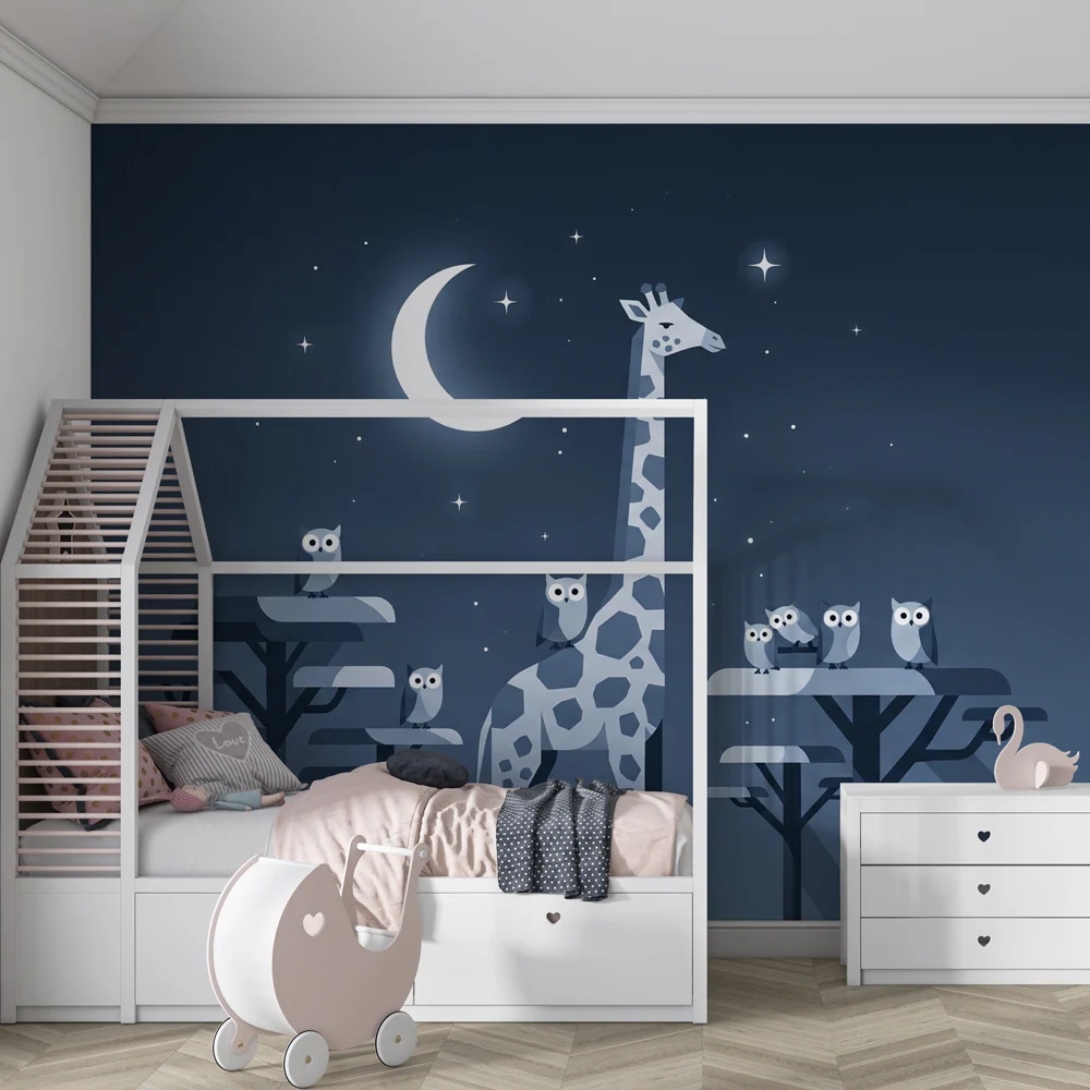 Papier peint chambre enfant | Girafe et hiboux sous la lune