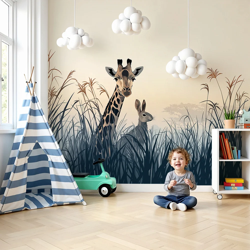 Papier peint chambre enfant | Girafe et lapin dans la savane