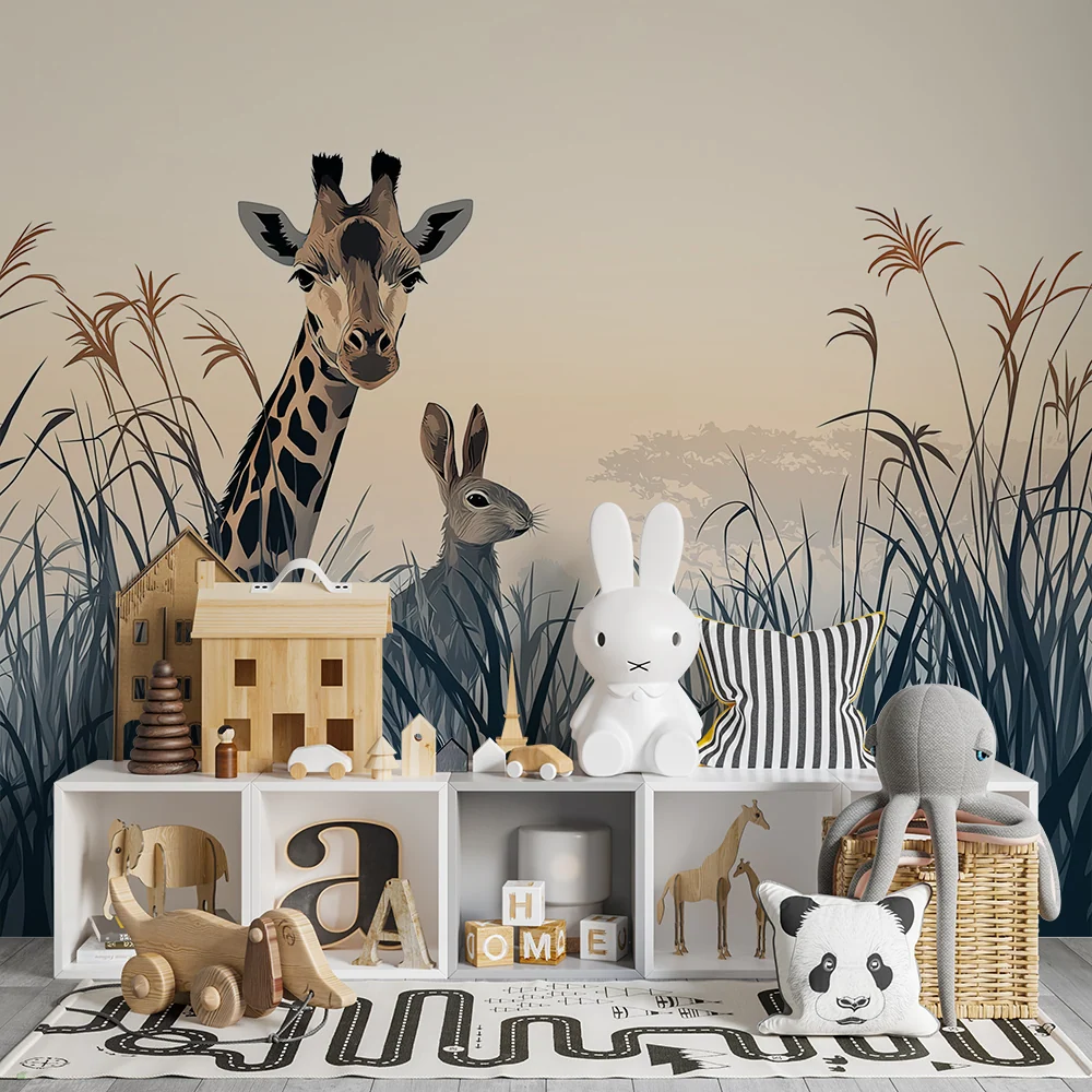 Papier peint chambre enfant | Girafe et lapin dans la savane