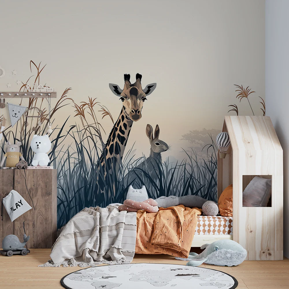 Papier peint chambre enfant | Girafe et lapin dans la savane