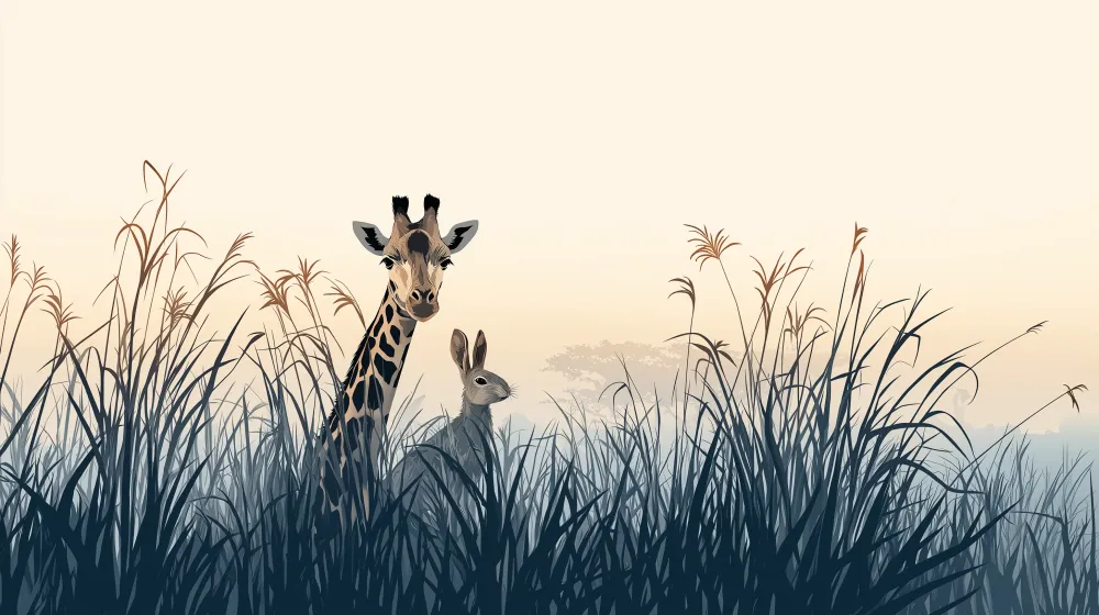 Papier peint chambre enfant | Girafe et lapin dans la savane