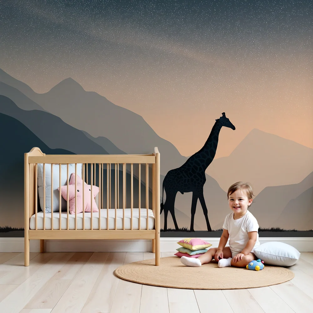 Papier peint chambre enfant | Girafe majestueuse sous un ciel étoilé