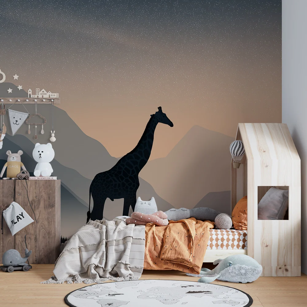 Papier peint chambre enfant | Girafe majestueuse sous un ciel étoilé