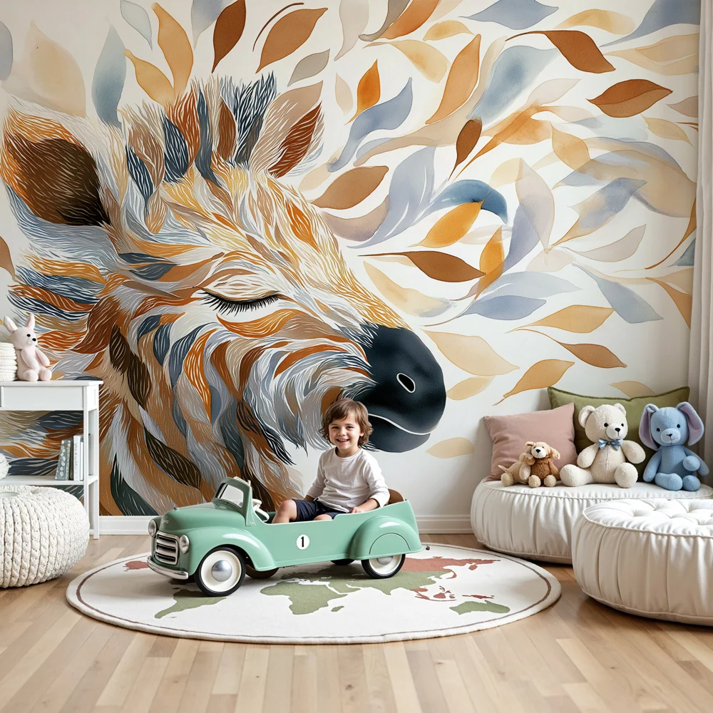 Papier peint chambre enfant | Girafe paisible entourée de feuilles
