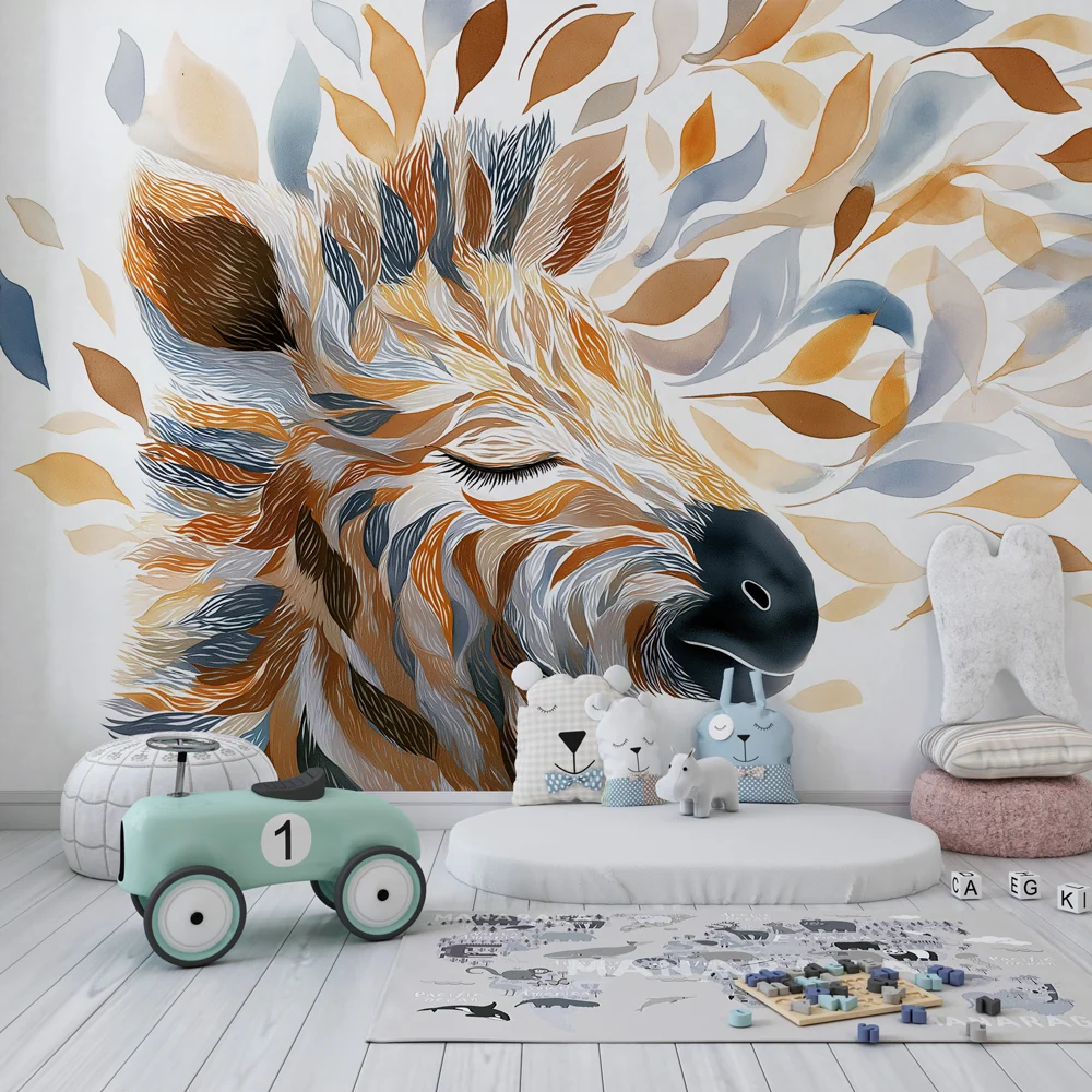Papier peint chambre enfant | Girafe paisible entourée de feuilles