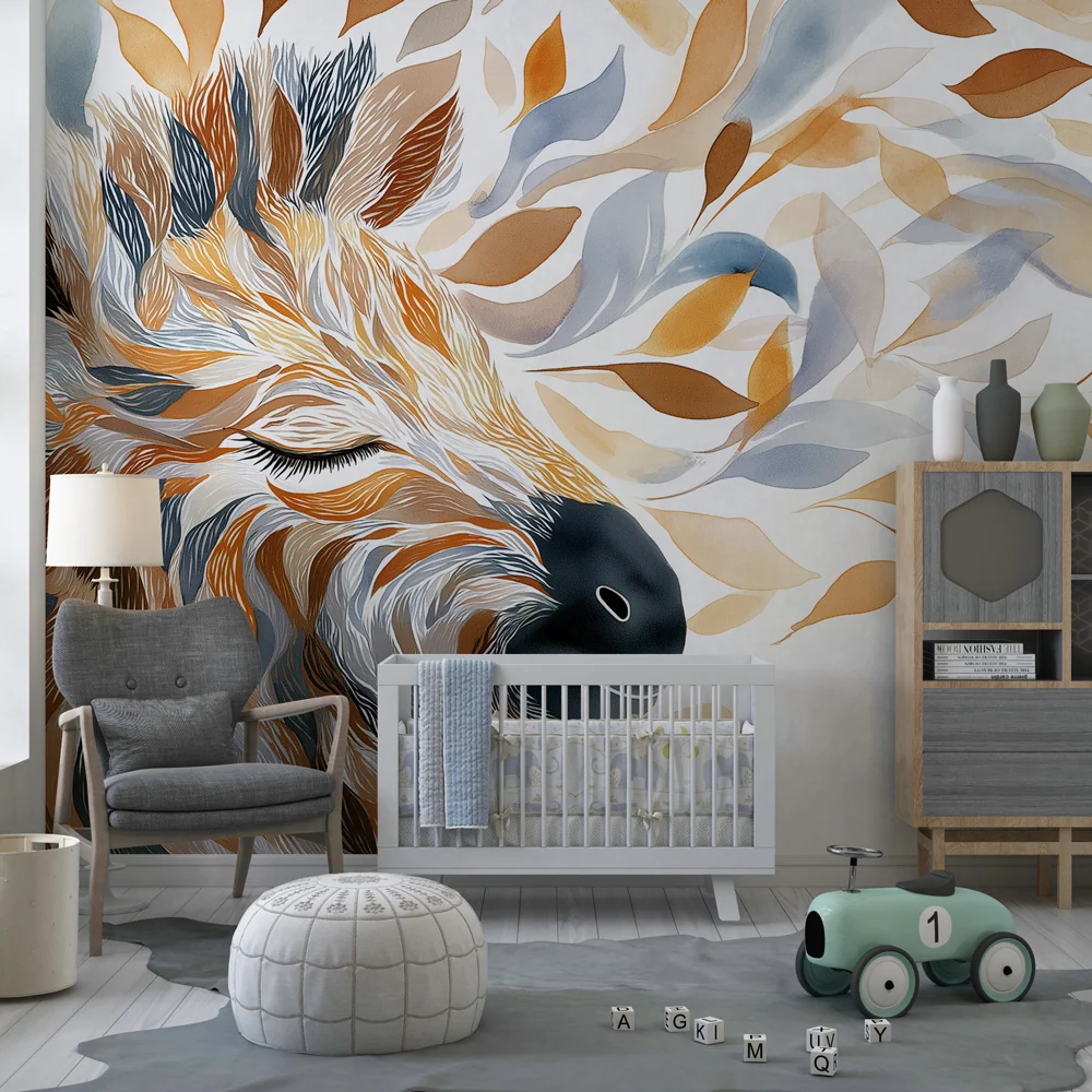 Papier peint chambre enfant | Girafe paisible entourée de feuilles